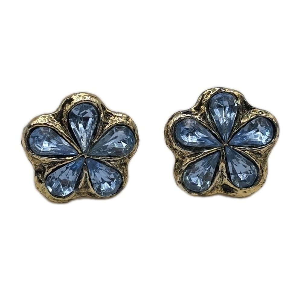 Vintage Blue Teardrop Rhinestone Flower Gold Tone Cufflinks Groovy Retro Funky
